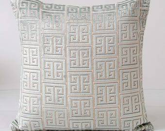 Aqua Greek Key Velvet Pillow Cover: Luxury Accent Pillow