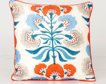 Thibaut Tybee Tree Pillow Cover, Floral Chinoiserie Design, French Blue and Coral Accent Pillow