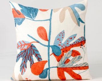 Matisse Leaf Pillow Cover, Thibaut Floral Fabric, French Blue Coral Accent