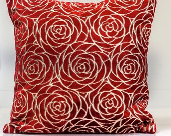 Red Velvet Throw Pillow, Rose Bud Design, Garnet Accent Pillow (22x22)