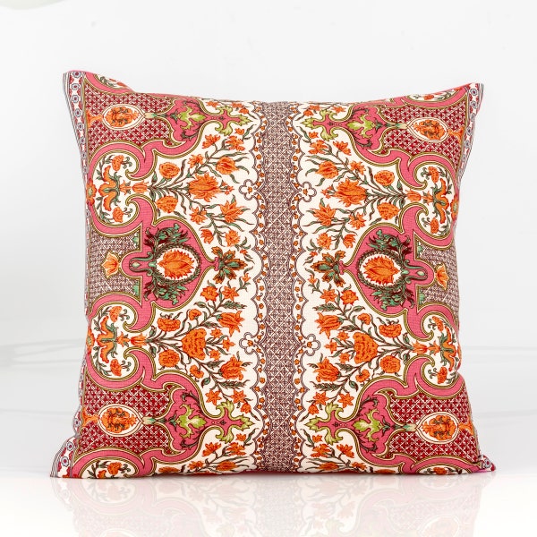 Coral batik pillow cover, pink floral pillow cover, Brunschwig & Fils fabric, linen pillow cover, Moroccan design, coral accent pillow cover