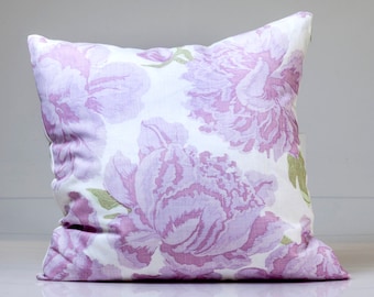 Funda de almohada de lino con peonías, diseño floral morado lavanda, Christopher Farr Cloth
