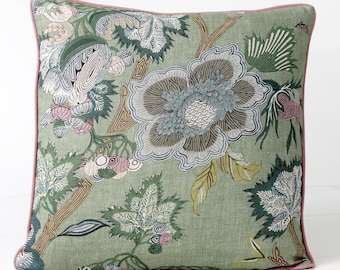 Thibaut Indienne Pillow Cover: green and lavender Floral Jacobean Print
