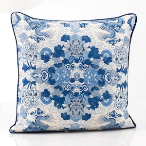 Schumacher Magic Mountain Dragon Pillow Cover: Blue and White Coastal Decor