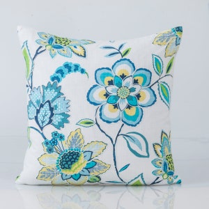 Embroidered  blue floral  pillow cover, Jacobean print pillow, spa blue pillow cover, floral accent pillow cover, coastal decor pillow cover