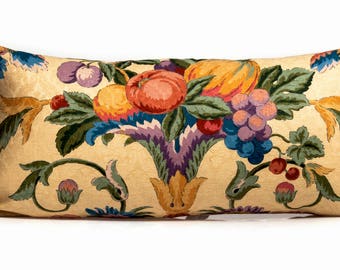 Floral Fruit Lumbar Pillow Cover, Gold Silk Throw Pillow