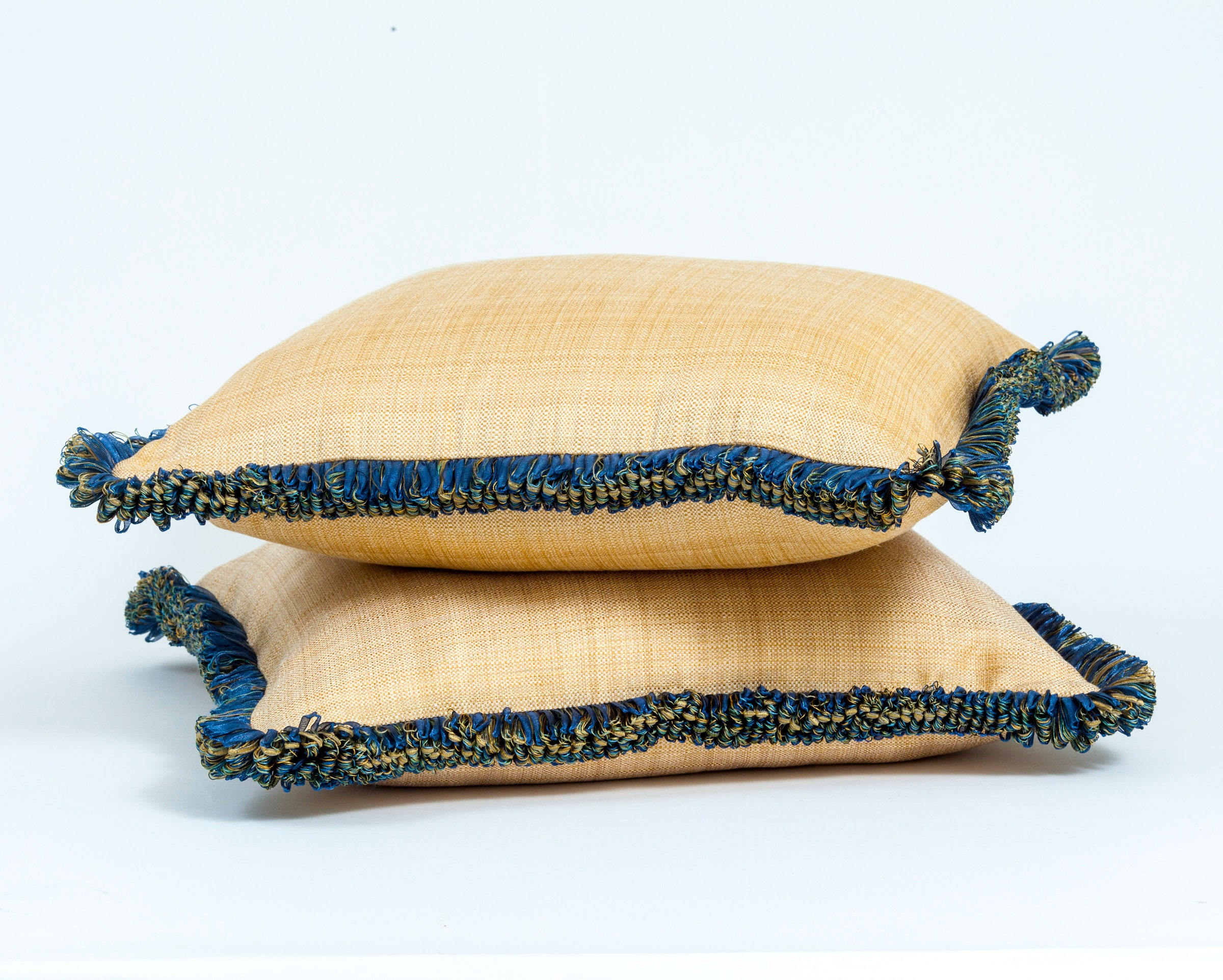 Gold Silk Pillow Cover With Blue and Gold Trim. Luxury Silk Etsy