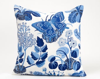 Schumacher exotic butterflies pillow cover,  blue accent pillow cover,   blue and white pillow cover, coastal decor, lumbar pillow cover