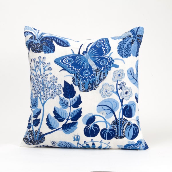 Schumacher exotic butterflies pillow cover,  blue accent pillow cover,   blue and white pillow cover, coastal decor, lumbar pillow cover