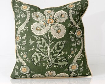 Anna French St. Gilles pillow in green, Thibaut green floral pillow cover, green linen