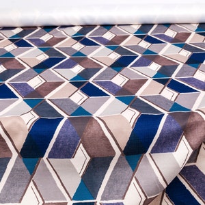 Blue diamonds geometric jacquard weave fabric, Leslie Jee Textiles fabric, linen blend fabric, blue upholstery, gray curtain fabric