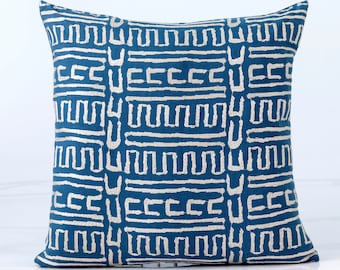 Embroidered Ikat Pillow Cover, Blue Tribal Geometric Design