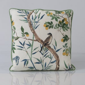 Claire pillow cover,  thibaut fabric, birdl pillow cover,  high end pillow cover, green designer pillow cover, tropical pillow cover