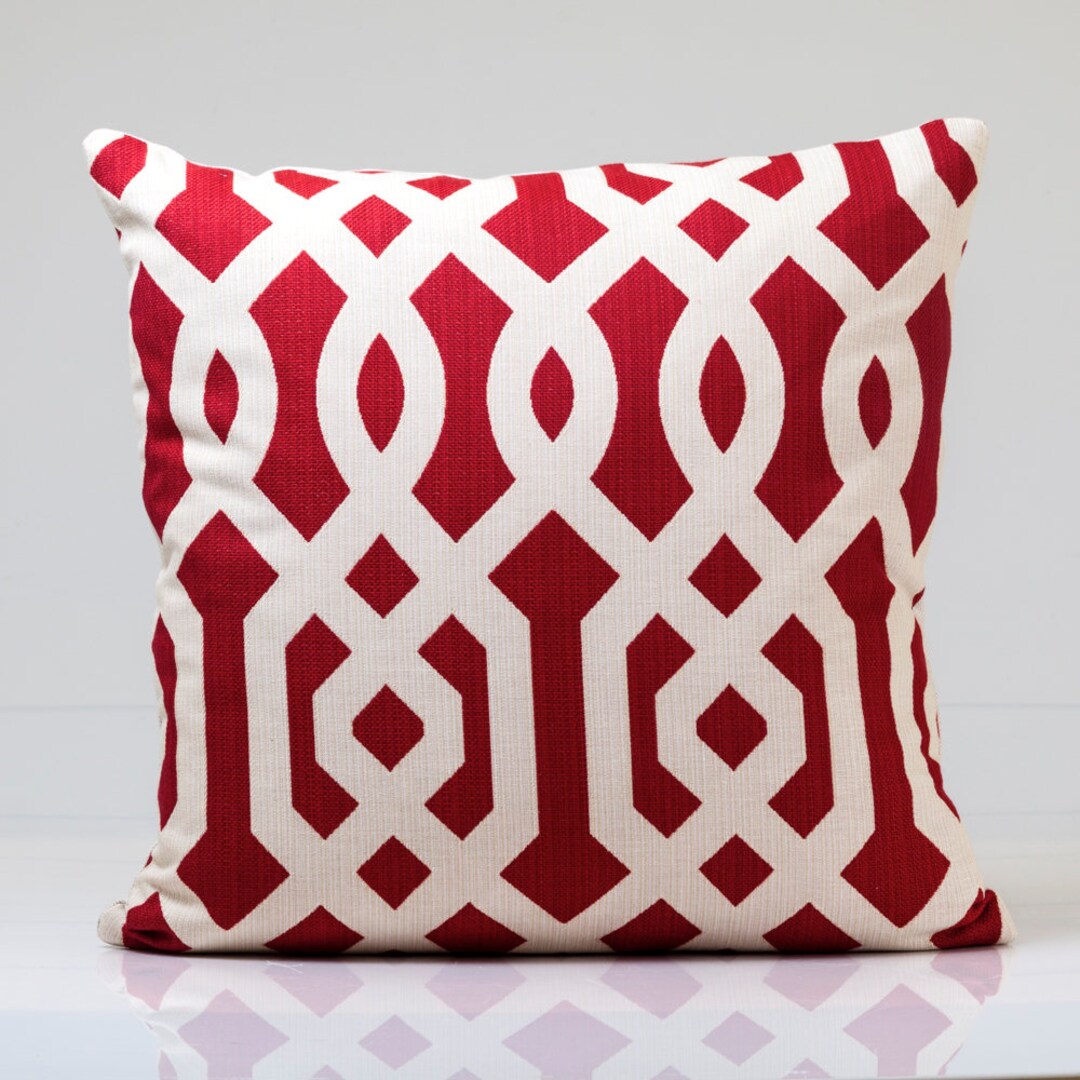 Geometric Red and White Pillow Cover, Designer Pillow Cover, Pindler Fabric, Red Trellis Pillow
