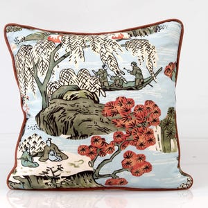Thibaut Asian scenic pillow cover, in Robin&#39;s Egg color,  chinoiserie design,  green and aqua blue pillow cover,  Asian pillow design