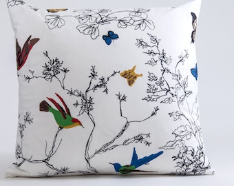 Schumacher Birds and Butterflies Pillow Cover, Designer Cotton