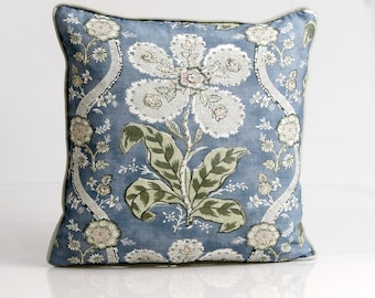 Anna French St. Gilles pillow in mineral and green,   Thibaut blue  floral pillow cover, blue accent pillow