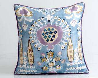 Thibaut Mendoza Suzani Pillow Cover, French Blue Lavender Tribal Accent