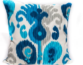 Aqua Ikat Outdoor Pillow Cover, Designer Home Decor