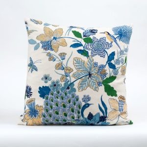 Schumacher peacock pillow cover, floral  pillow cover, blue on white pillow cover, designer pillow cover, floral accent pilloow