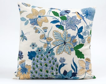 Schumacher Peacock Pillow Cover, Floral Linen Blend, Blue Porcelain