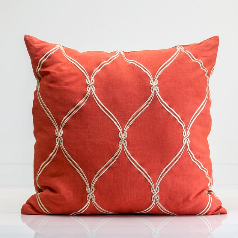 Coral Embroidered Pillow Cover Designer Pillow Cover Etsy