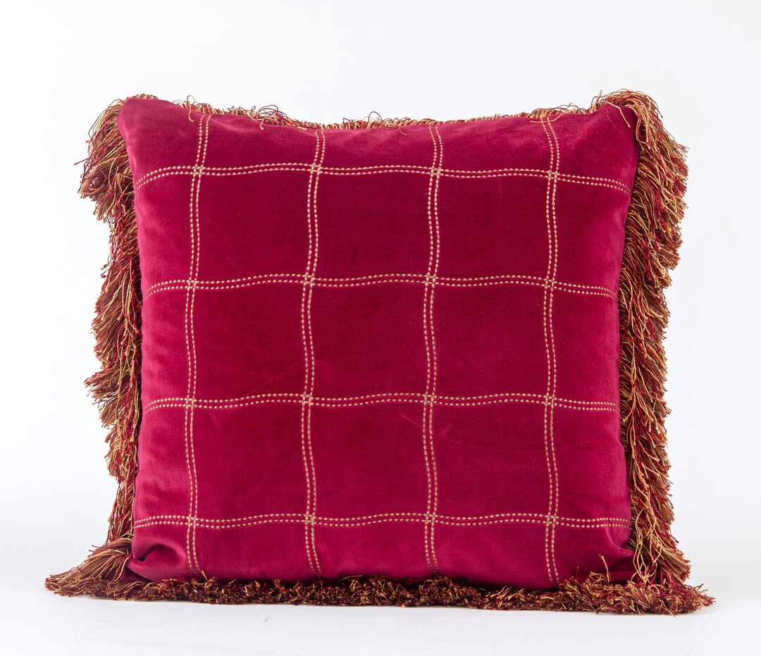 Velvet Pillow Cover With Fringe, Velvet Throw Pillow, Red Velvet Pillow