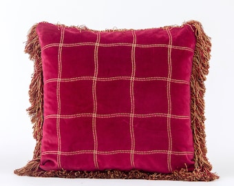 Kussensloop rood fluwelen franje, geometrisch gouddraad, designeraccent