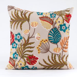 Embroidered  floral  pillow cover, linen pillow cover, multi-color embroidery, 24x24