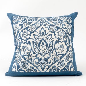 Blue damask embroidered pillow cover, blue decorative pillow cover, custom design pillow cover,  coastal decor pillow cover, 20x20