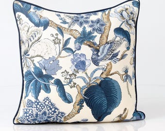 Thibaut Hill Garden Pillow Cover in blue and white, floral and bird print