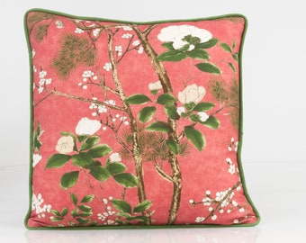 Thibaut Katsura  pillow cover in coral, chinoiserie pillow cover,  coral accent pillow cover, high end pillow cover, pink chinoiserie pillow