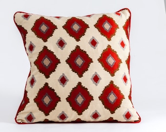 Schumacher  embroidered pillow cover in pomegranate,  red accent pillow cover,  red diamond design pillow cover, lumbar pillow cover