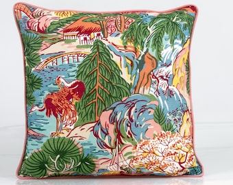 Thibaut Pagoda Trees Pillow Cover: Pink & Green Chinoiserie Design