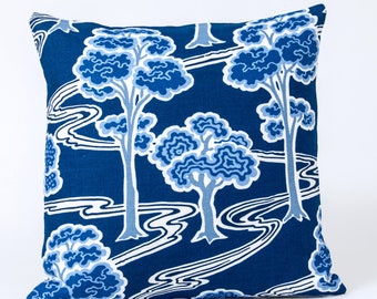 Schumacher Tree River Pillow Cover, Blue White Linen, Art Deco