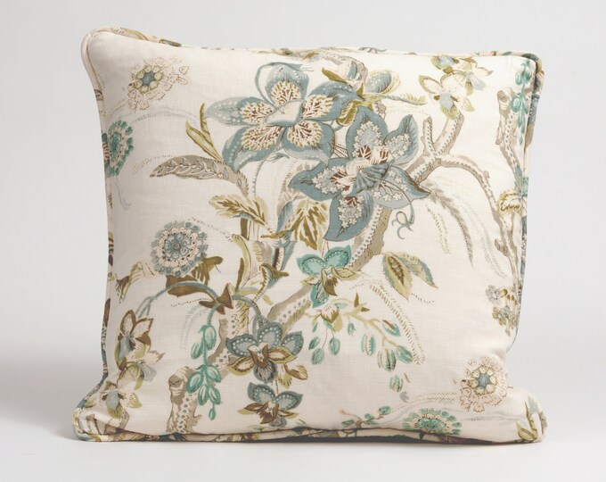 Floral Pillow Cover, Floral Aqua Pillow Cover, Aquitaine Fabric
