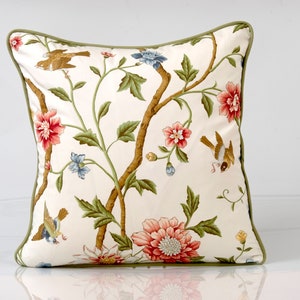 Schumacher Shangtu pillow cover,  chinoiserie pillow cover, bird pillow cover, floral pillow cover in coral and green, designer pillow cover