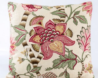 Floral pillow cover, green and  red pillow cover, P. Kaufmann fabric, designer pillow cover, decorative pillow cover,