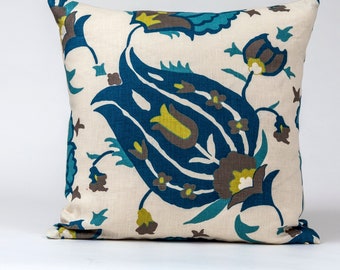 Turkish Flower pillow cover , Lee Jofa  Groundworks fabric, Ashley Hicks design, blue accent pillow cover, blue sofa pillow cover