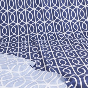 Robert Allen geometric fabric in navy, curtain fabric, drapery fabric, home decor fabric, pillow fabric, blue and white fabric, BTY