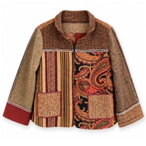 Handmade Mixed Media Tapestry Patchwork Zip Jacket Paisley Striped Boho Earthy