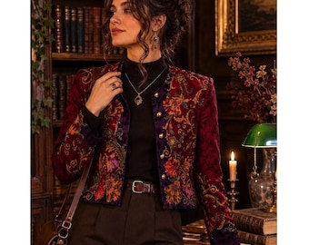 Maggy London Vintage 100% Silk Floral Baroque Cropped Jacket Burgundy Purple 14