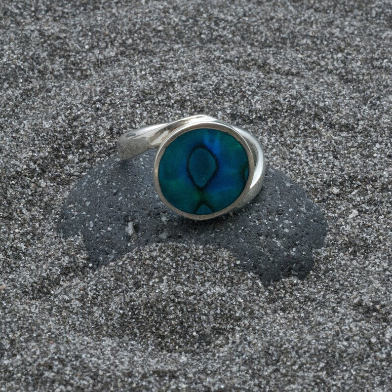 Natural Seashell Jewelry Abalone Shell Ring Sterling Silver Round Natural Abalone Shell Ring Women Statement Ring Iridescent Blue Ring