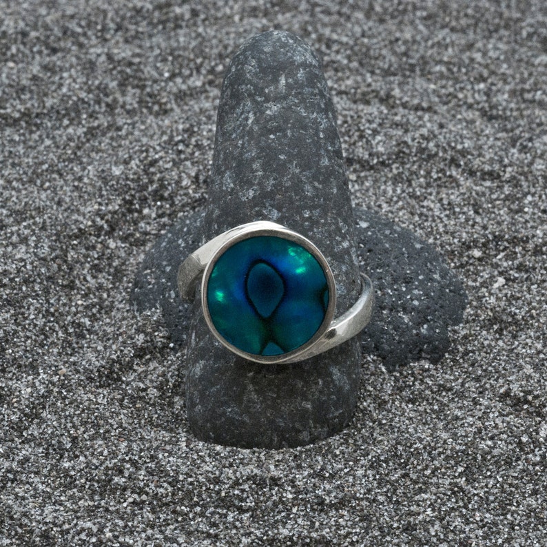 Natural Seashell Jewelry Abalone Shell Ring Sterling Silver Round Natural Abalone Shell Ring Women Statement Ring Iridescent Blue Ring