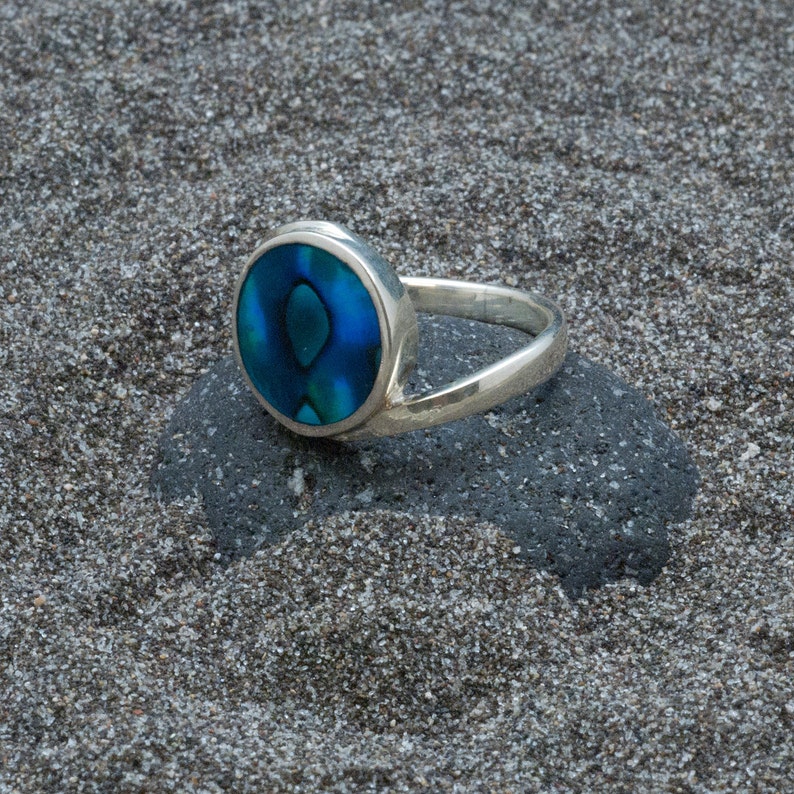 Natural Seashell Jewelry Abalone Shell Ring Sterling Silver Round Natural Abalone Shell Ring Women Statement Ring Iridescent Blue Ring