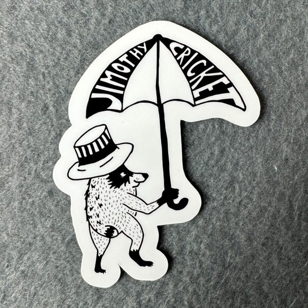 Pegatina de Jimothy Cricket Raccoon: Dibujo a mano con pluma y tinta (resistente al agua) en blanco y negro.