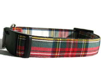 Dog Collar, Dress Stewart Tartan Dog Collar, Red White Plaid Pet Collar, Pawsitively Dazzled Pet Accessory, Made in Canada Pet Collar