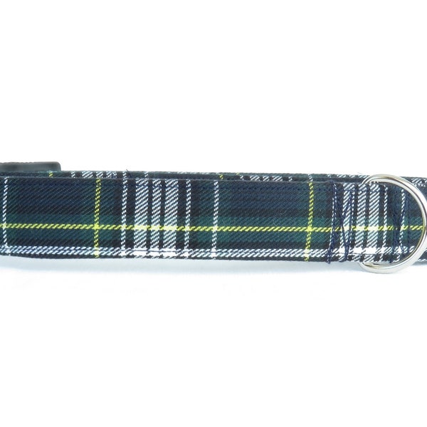 Small Scale Gordon Tartan Dog Collar for Dog Adoption, Navy and Green Plaid Pet Collar, Dog Mom Gift by Pawsitively Dazzled, Made in Canada