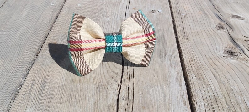 Tartan Dog Bow Tie To Slide on Collar, Saskatchewan Tartan Doggie Bow Tie, Yellow Plaid Pet Accessory, Matching Bow Tie for Dog and Dog Dad image 5