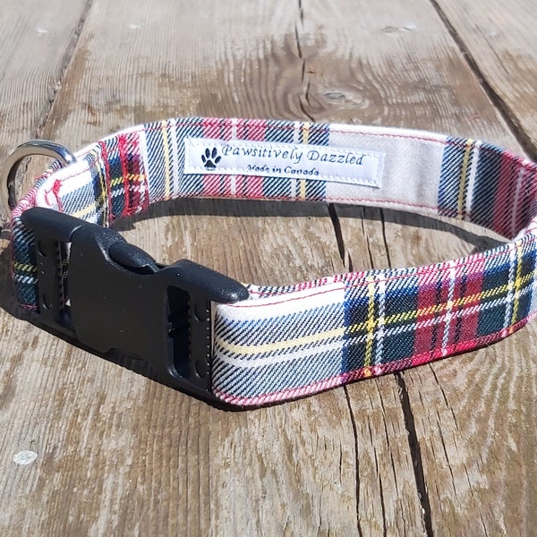 Dress Stewart Tartan Dog Collar, Made in Canada Pet Collar for Dog Groomer, Winner of Dog Show Collar in White and Red Plaid